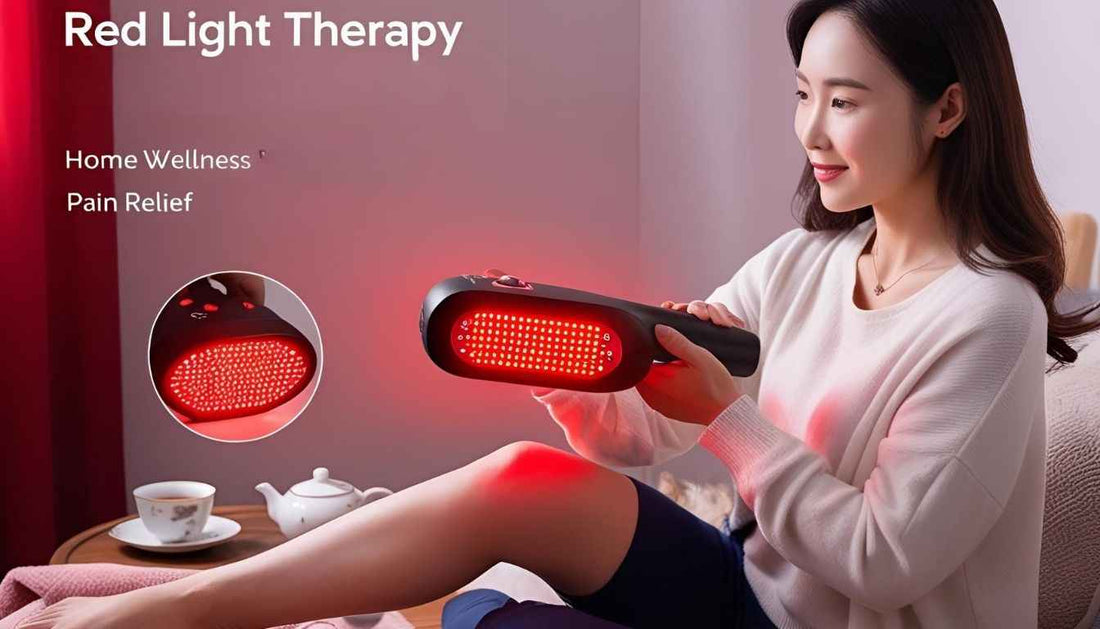 Person using a device for red light therapy for pain relief in a cozy home setting
